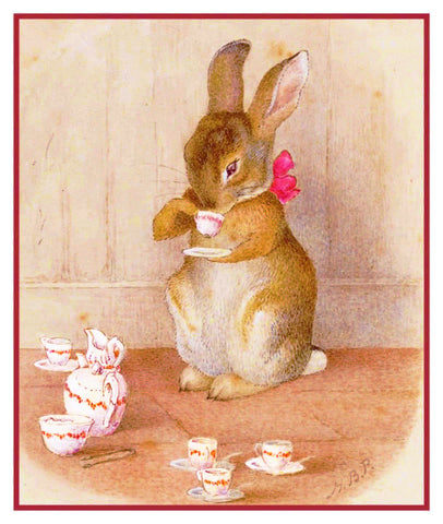 Peter Rabbit Having Tea inspired by Beatrix Potter Counted Cross Stitch Pattern