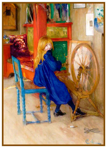 Girl At a Spinning Wheel by Swedish Artist Carl Larsson Counted Cross Stitch Pattern