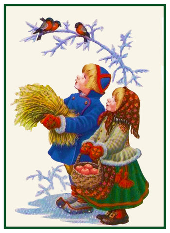 Young Boy and  Girl Feeding the Birds by Gerda Tiren Holiday Christmas Counted Cross Stitch Pattern