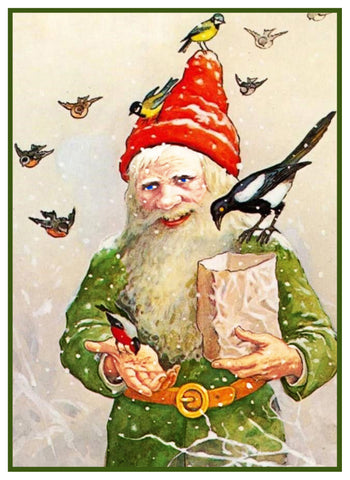 Elf Gnome Feeding the Birds Jenny Nystrom  Holiday Christmas Counted Cross Stitch Pattern