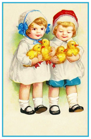 Vintage 2 Young Girls with Their Easter Chicks Counted Cross Stitch Pattern DIGITAL DOWNLOAD