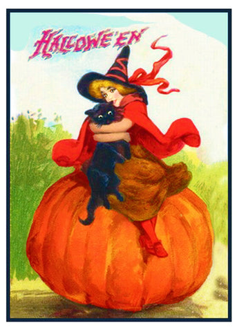 Witch Hugging Black Cat on Pumpkin Halloween Counted Cross Stitch Pattern
