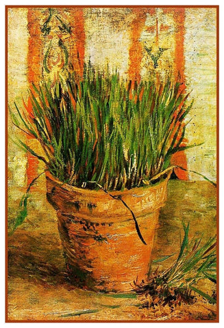 Flower Pot with Chives by Impressionist Artist Vincent Van Gogh Counted Cross Stitch Pattern