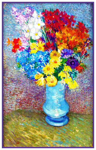 Flowers in a Blue Vase by Impressionist Artist Vincent Van Gogh Counted Cross Stitch Pattern