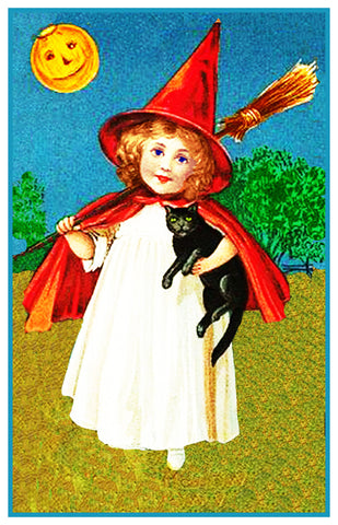 Vintage Halloween Little Witch Broom Black Cat by Frances Brundage Counted Cross Stitch Pattern