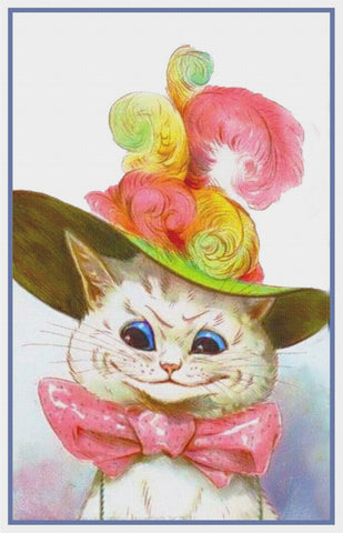 Louis Wain's White Kitty Cat With Fancy Hat Counted Cross Stitch Chart Pattern DIGITAL DOWNLOAD