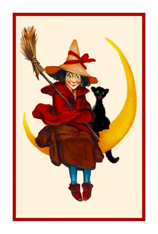 Victorian Halloween Witch Sitting on the Moon with a Black Cat Counted Cross Stitch Pattern DIGITAL DOWNLOAD