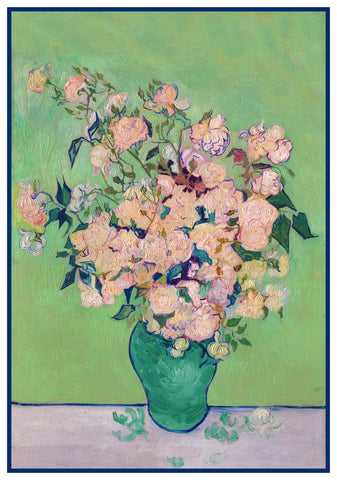 Pink Roses in a Vase inspired by Impressionist Vincent Van Gogh's Painting Counted Cross Stitch Pattern