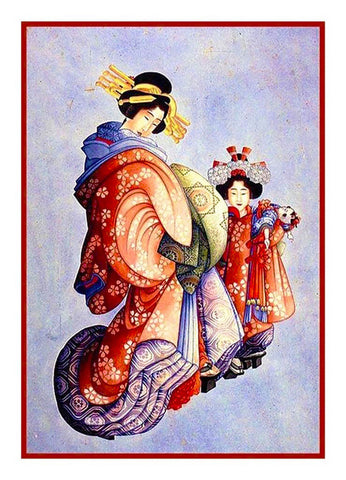 Japanese Hokusai Asian Kimono Girls Counted Cross Stitch Chart Pattern