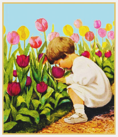 Child Smelling a Tulip By Jessie Willcox Smith Counted Cross Stitch Pattern
