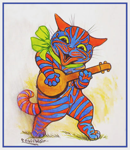 Louis Wain's Striped Kitty Cat Playing Banjo Counted Cross Stitch Chart Pattern