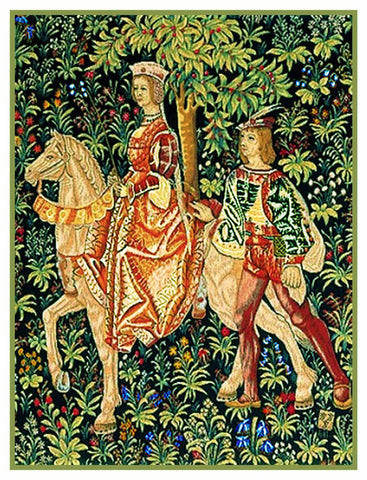 Noble Lady Horseback From a  Medieval Tapestry Counted Cross Stitch Pattern