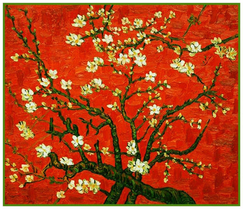 Almond Branches Red Background by Vincent Van Gogh Counted Cross Stitch Pattern