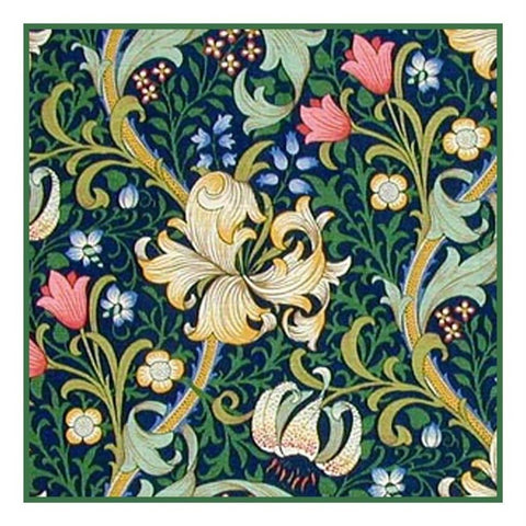 Golden Lily Design Navy Blue Background by William Morris Counted Cross Stitch Pattern DIGITAL DOWNLOAD