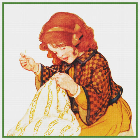 Young Girl with a Sewing Project By Jessie Willcox Smith Counted Cross Stitch Pattern