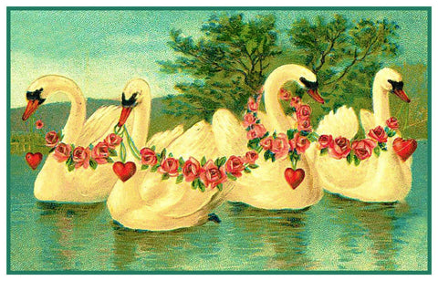 Vintage Valentine Swans Hearts and Flowers Counted Cross Stitch Pattern