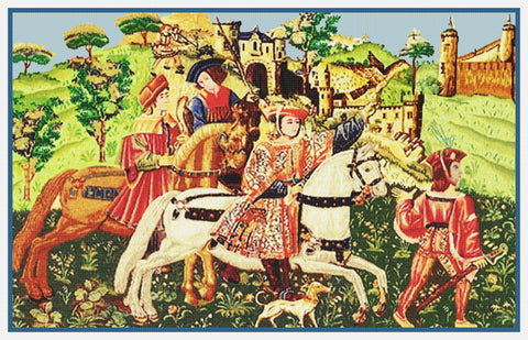 Falcon Hunting on Horseback From Medieval Tapestry Counted Cross Stitch Pattern