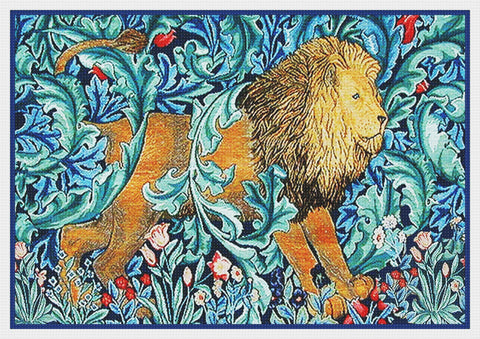 Forest Lion in Blues Design by William Morris and Company Counted Cross Stitch Pattern DIGITAL DOWNLOAD