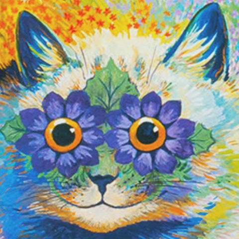 Louis Wain's Flower Power Kitty Cat - SQUARE Counted Cross Stitch Chart Pattern