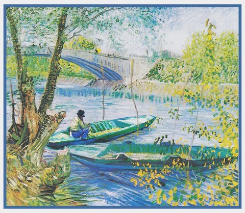 Angler and Boat at the Pont de Clichy Bridge inspired by Impressionist Vincent Van Gogh's Painting Counted Cross Stitch Pattern DIGITAL DOWNLOAD