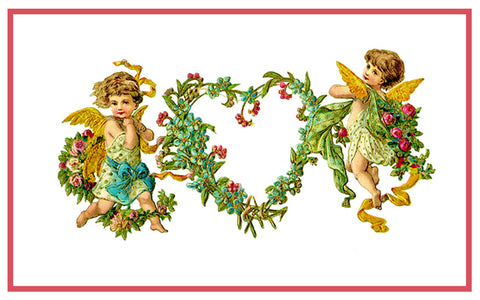 Victorian 2 Angels Cupids with Heart Wreath Valentine from Antique Card Counted Cross Stitch Pattern