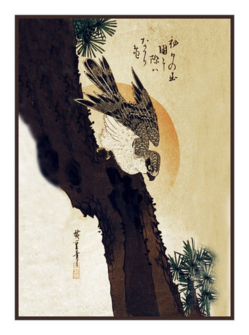 Japanese Hiroshige Bird Hawk on a Branch Asian Counted Cross Stitch Pattern