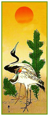 Japanese Hokusai  Birds Cranes  on Pine Tree Counted Cross Stitch Chart Pattern