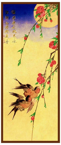 Japanese Hiroshige Bird Swallow Peach Blossoms Moon Counted Cross Stitch Pattern DIGITAL DOWNLOAD