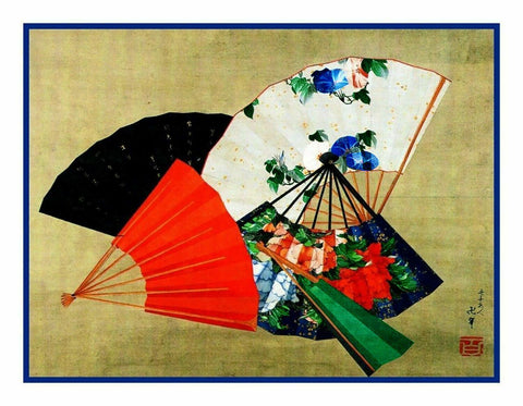 Japanese Artist Hokusai's Five Fans Counted Cross Stitch Pattern