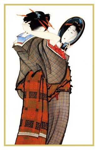 Japanese Hokusai Kimono Woman Mirrors Counted Cross Stitch Chart Pattern