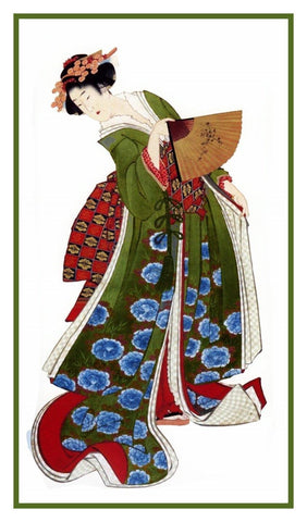 Japanese Hokusai Asian Kimono Woman Fan Counted Cross Stitch Pattern