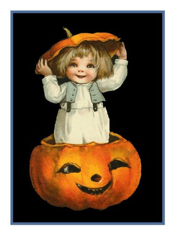 Victorian Halloween Small Child, Hat and a Pumpkin Counted Cross Stitch Pattern DIGITAL DOWNLOAD