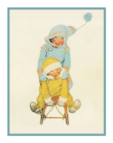 Brother and Sister Sledding By Jessie Willcox Smith Counted Cross Stitch Pattern