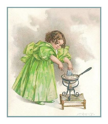 Young Girl Miss Cooking by Maud Humphrey Bogart Counted Cross Stitch Pattern