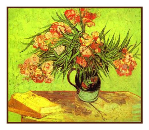 Majolica Jar with Branches of Oleander inspired by Impressionist Vincent Van Gogh's Painting Counted Cross Stitch Pattern