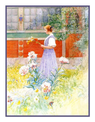 Lisbeth and Peonies by Swedish Artist Carl Larsson Counted Cross Stitch Pattern