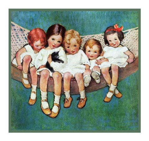 Young Girls and A Kitten In A Hammock By Jessie Willcox Smith Counted Cross Stitch Pattern