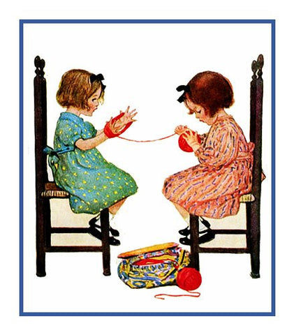 Two Young Girls Winding Yarn By Jessie Willcox Smith Counted Cross Stitch Pattern