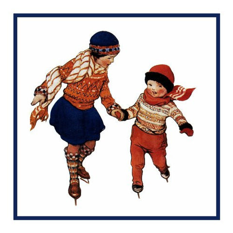 Brother And sister Ice Skating By Jessie Willcox Smith Counted Cross Stitch Pattern