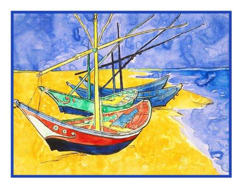Sailboats on the Beach in Saintes Maries inspired by Impressionist Vincent Van Gogh's Painting Counted Cross Stitch Pattern DIGITAL DOWNLOAD