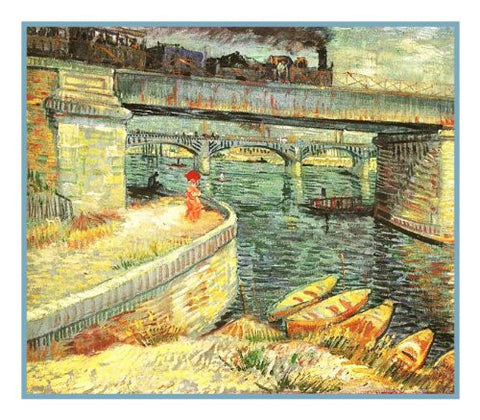 Bridge Across the Seine at Asnieres inspired by Impressionist Vincent Van Gogh's Painting Counted Cross Stitch Pattern