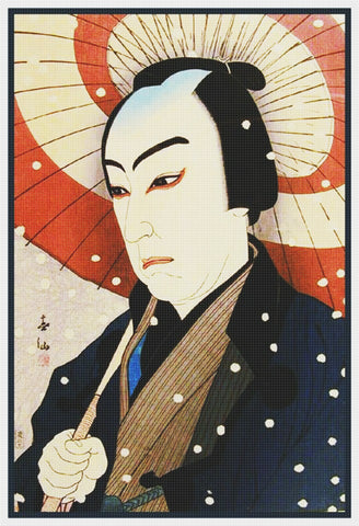 Japanese Actor With An Umbrella From Woodblock Counted Cross Stitch Chart Pattern