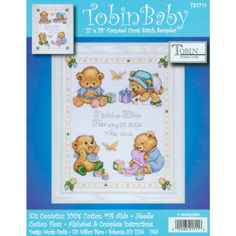 Baby Bears Birth Record KIT (14 Count) by Design Works Counted Cross Stitch Kit 11x14 inches