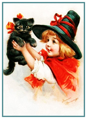 Girl Hat Black Cat Halloween Frances  Brundage Counted Cross Stitch Pattern