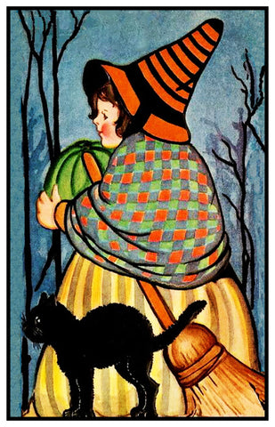 Folk Art Witch Black Cat Halloween Counted Cross Stitch Pattern