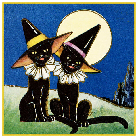 2 Black Cats with Witch Hats Halloween Counted Cross Stitch Pattern