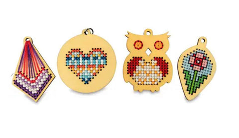 Cross Stitch Style Wood Charms - Pkg of 4