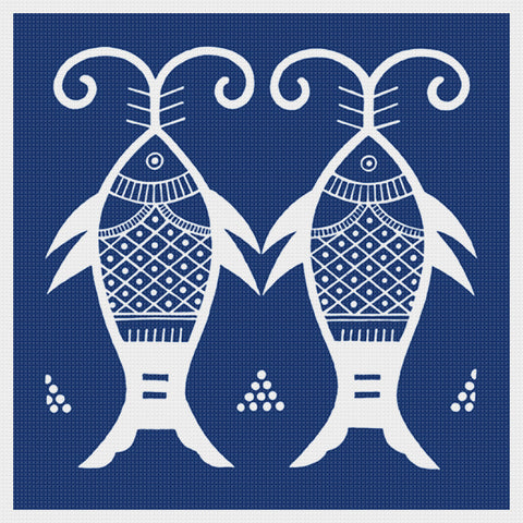 Asian Indigo Batik 2 Fish Folk Art Design *2 DMC Colors* Counted Cross Stitch Pattern