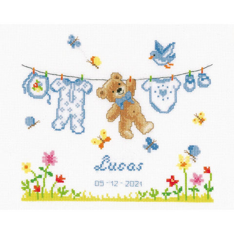 Birth Bear Picture and or Birth Announcement by Vervaco Counted Cross Stitch Kit Finished Size: 8 inches square