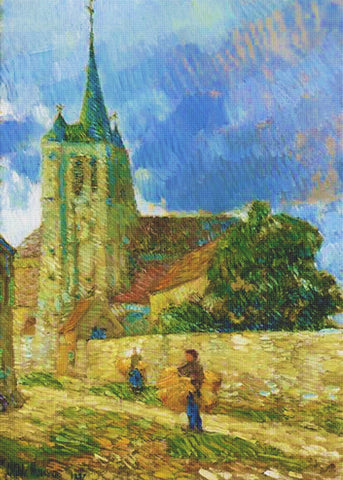 Village Scene in Breton by American Impressionist Painter Childe Hassam Counted Cross Stitch Pattern